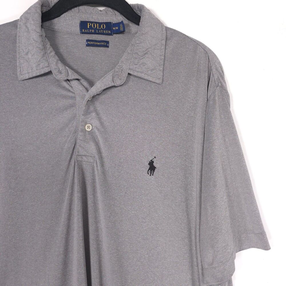 POLO RALPH LAUREN Men’s MEDIUM Performance Polo Shirt Gray Stretch Long Length**